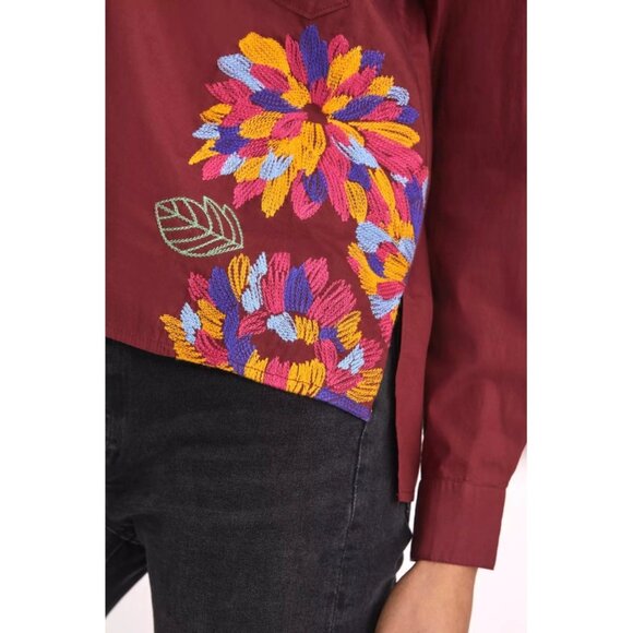 ANTHROPOLOGIE Maeve Embroidered Button-Up Cotton Shirt Wine, Size 6 - Picture 2 of 9
